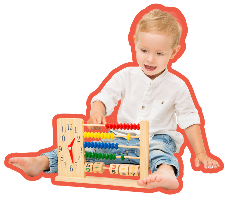 A young child sitting on the floor plays with a wooden abacus and clock toy, smiling, wearing jeans and a white shirt. A young child sitting on the floor plays with a wooden abacus and clock toy, smiling, wearing jeans and a white shirt.