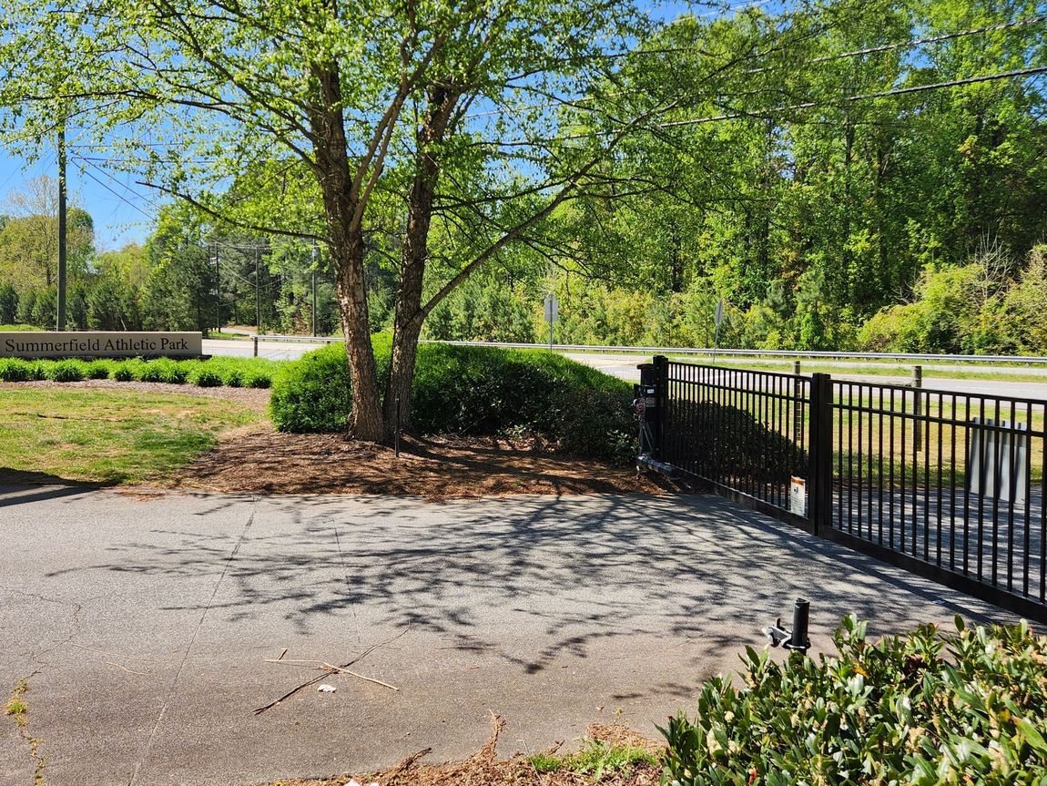Tree-lined paved area beside a black metal fence in a sunny park.