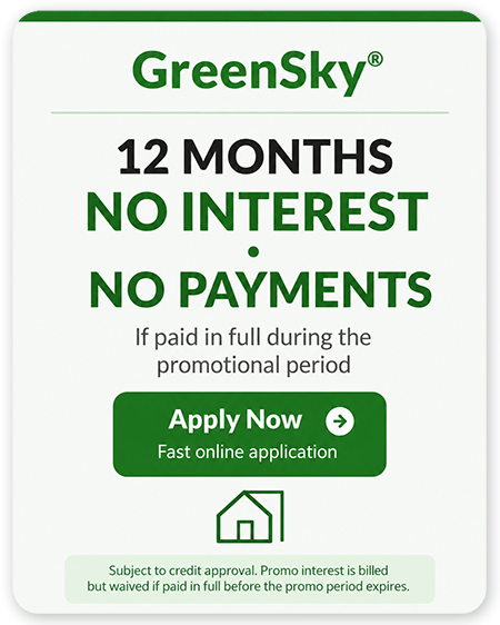 GreenSky ad: 12 months no interest, no payments, with green Apply Now button