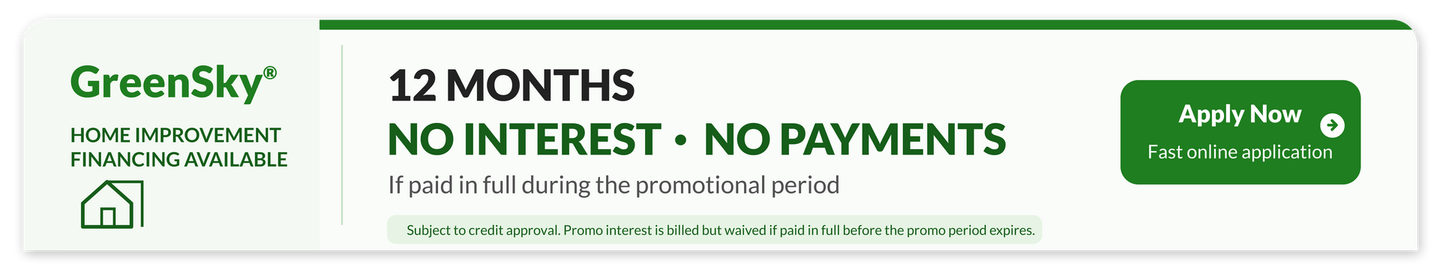 GreenSky promo banner with “12 months no interest, no payments” and a green “Apply now” button
