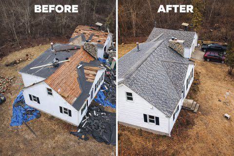 Before-and-after aerial view of a roof replacement on a white house with gray shingles.