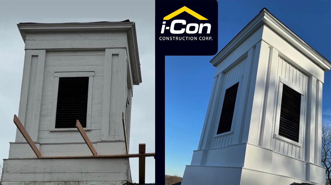 Comparison of a white tower before and after construction work.