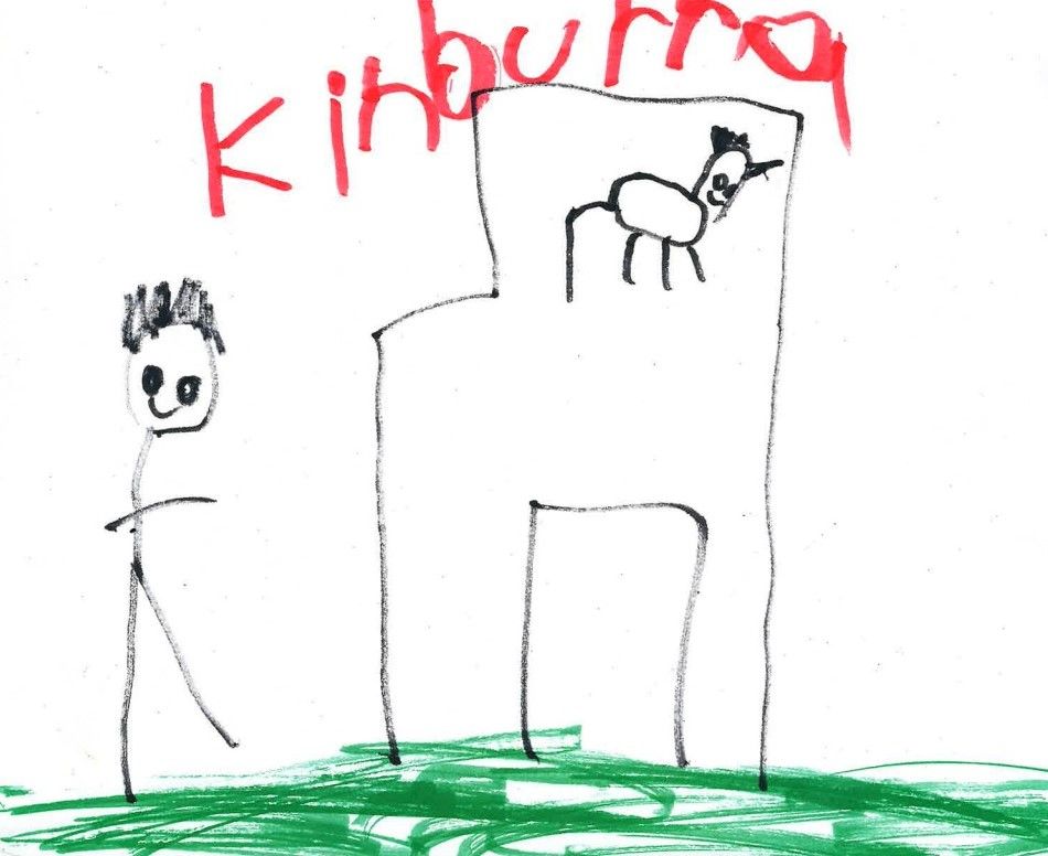 A child's drawing shows a stick figure looking at a large chair with an animal on it; words  — Kinburra Preschool (Kincumber) in Kincumber, NSW
