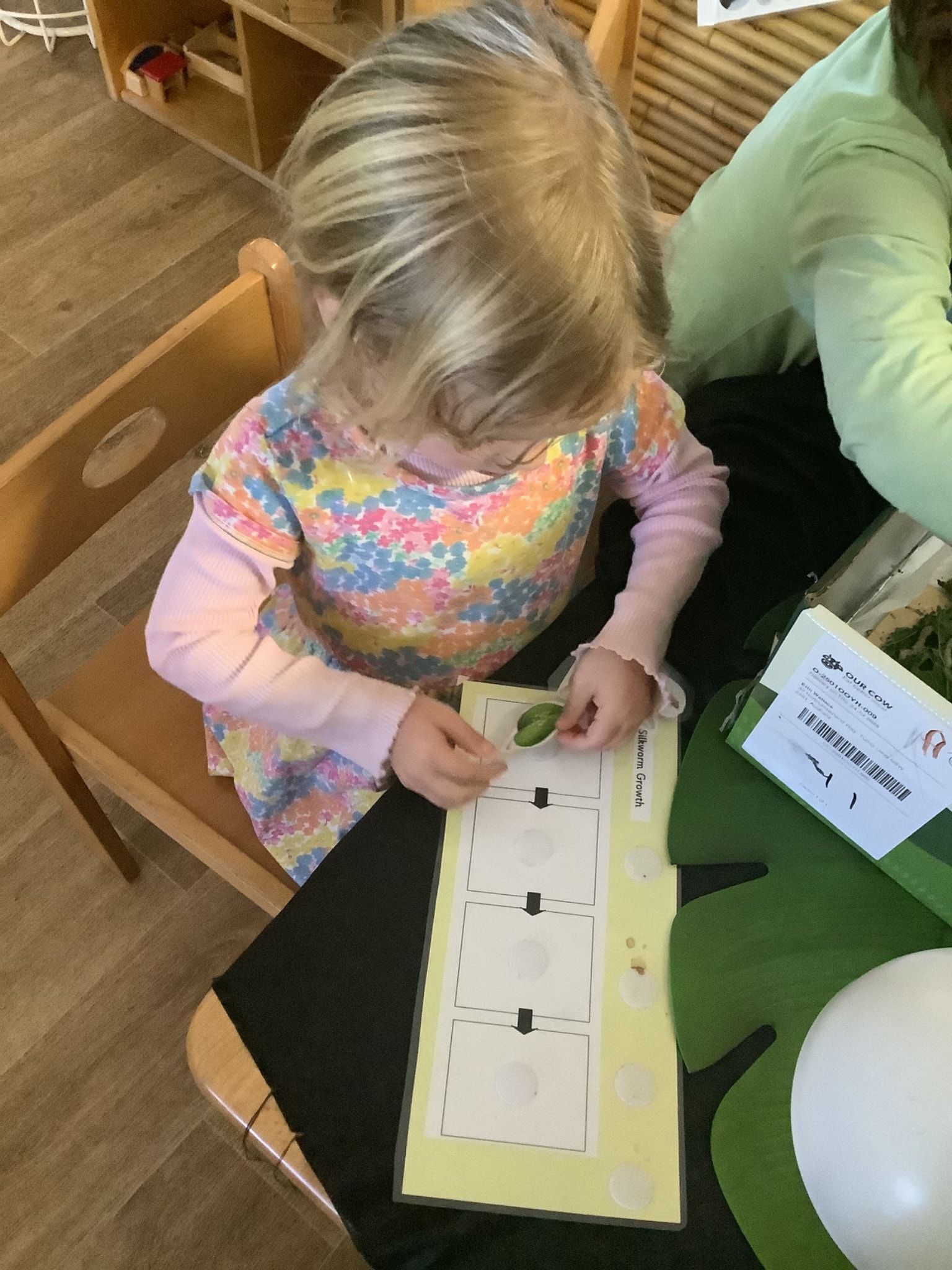 A young girl with blonde hair, in a floral dress, is working on a craft at a table. — Kinburra Preschool (Kincumber) in Kincumber, NSW