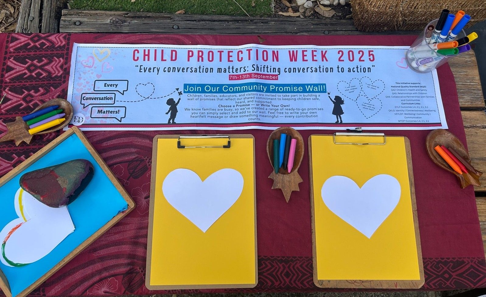 Child Protection Week display: Sign, clipboards, crayons, and heart cutouts. — Kinburra Preschool (Kincumber) in Kincumber, NSW