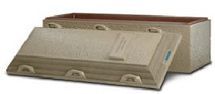 A wooden coffin with the lid open on a white background.