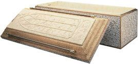 A wooden box with the lid open on a white background.