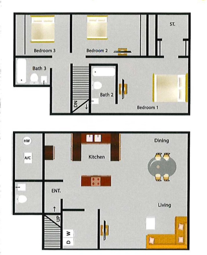 Two-story home floor plan: bedrooms, bathrooms, kitchen, dining, living room. Dark outlines.