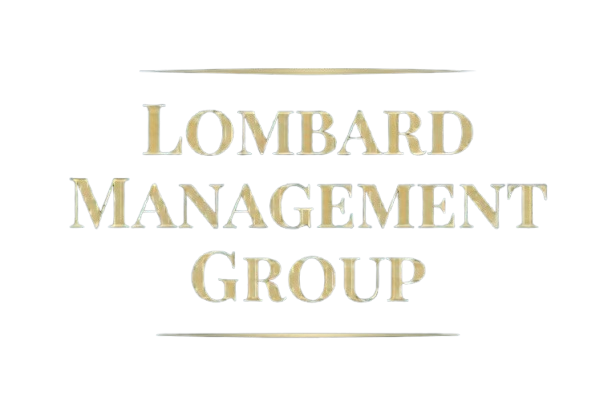 Lombard Management Group logo in gold serif text with thin horizontal lines above and below