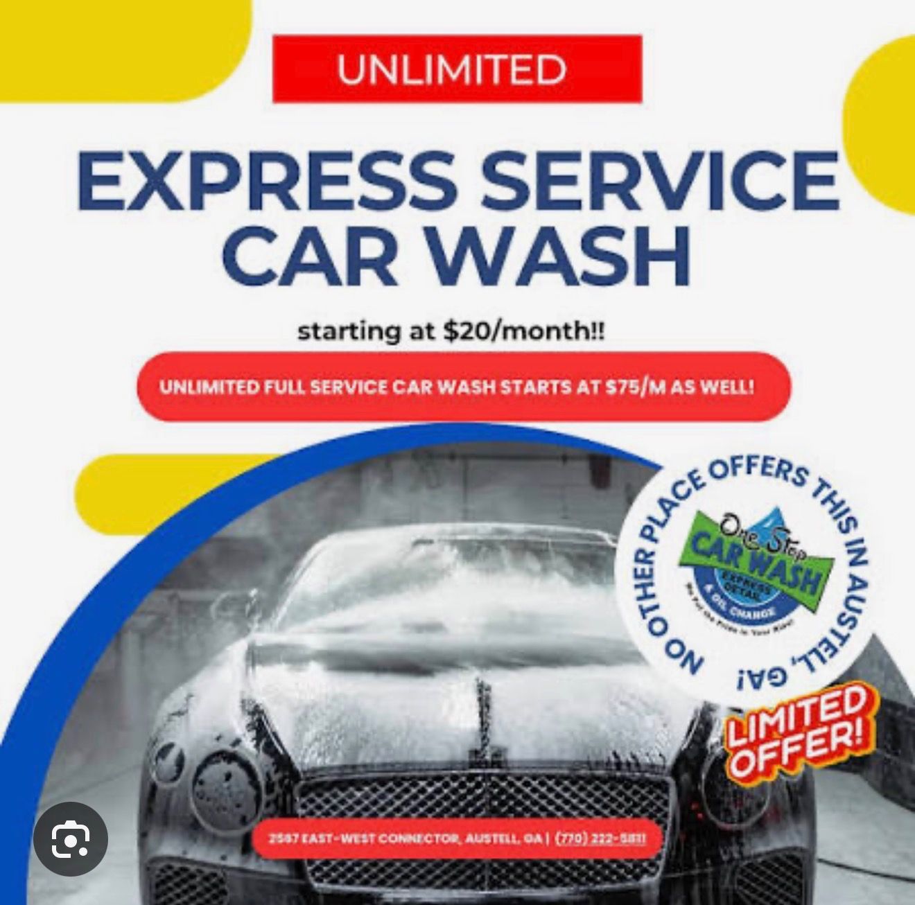 Advertisement for One Stop Car Wash in Austell, GA, featuring an unlimited express wash starting at $20/month.