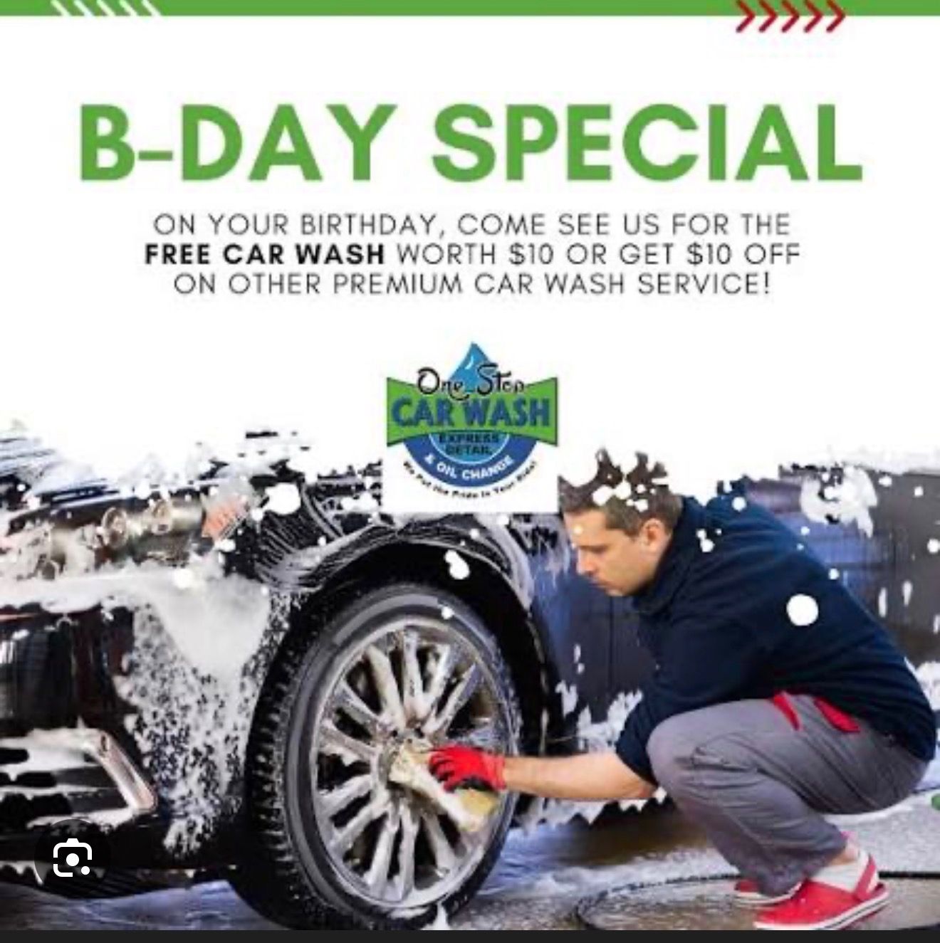 A car wash B-day special ad offering a free $10 car wash or $10 off a premium service on your birthday.