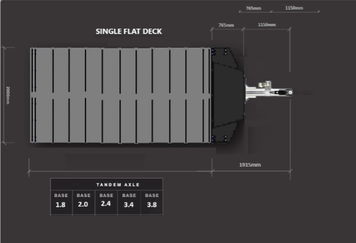 Technical Diagram of A Single Flat Deck Trailer with Dimension Labels — Real Engineering in West Gosford, NSW