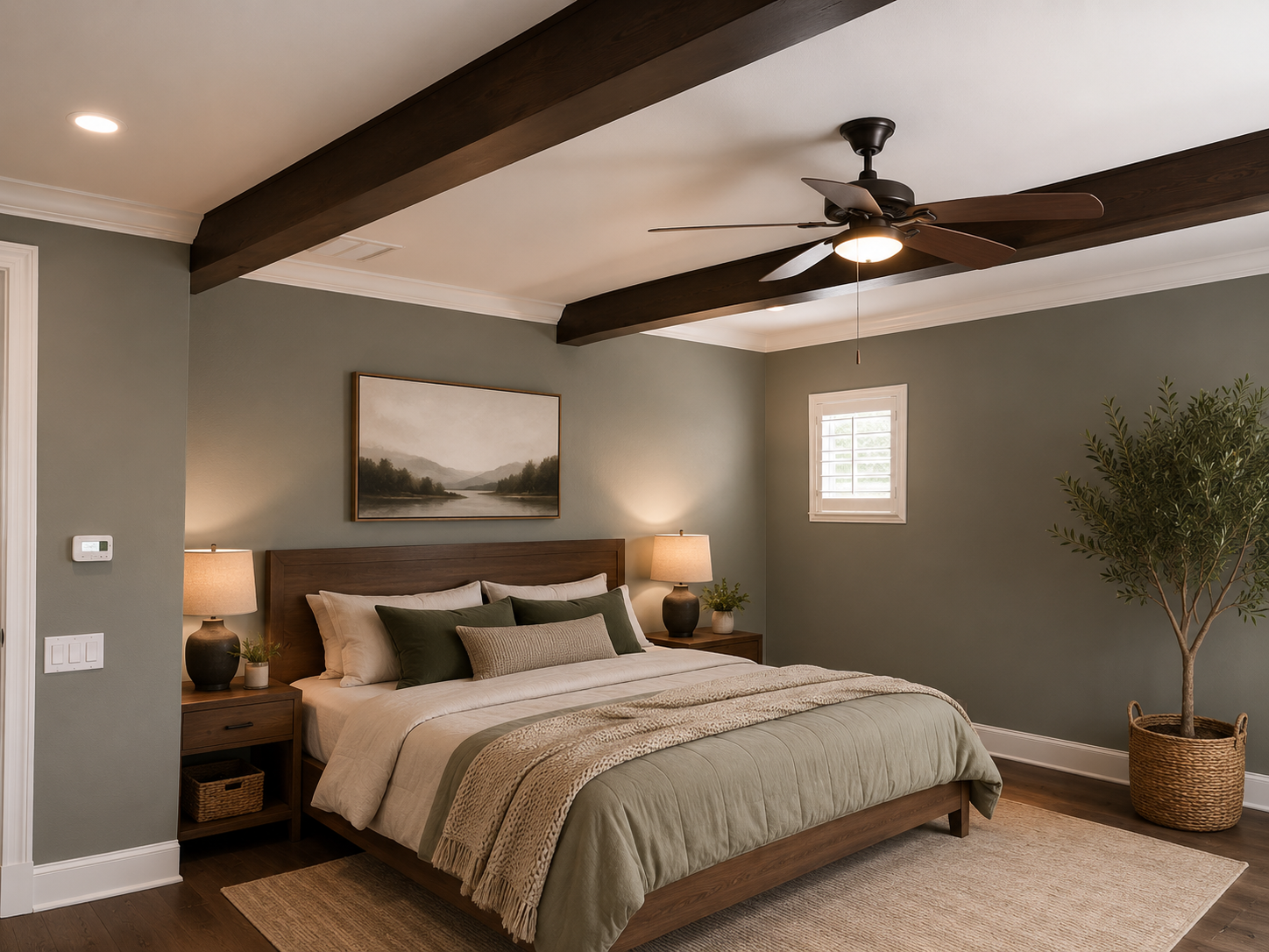 Modern bedroom with a king bed, ceiling fan, bedside lamps, and gray walls
