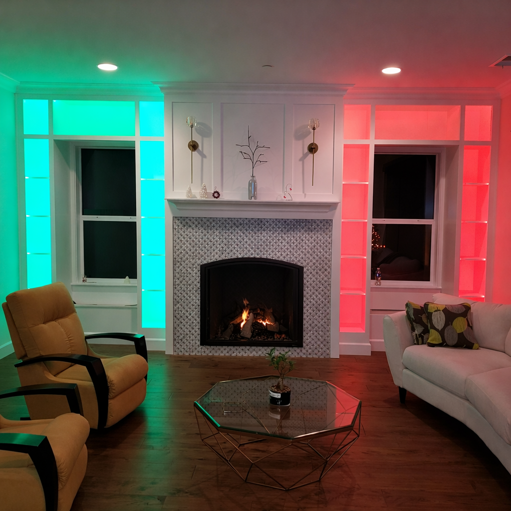 Living room with fireplace, bookshelves, illuminated green and red lights, chairs, and sofa.