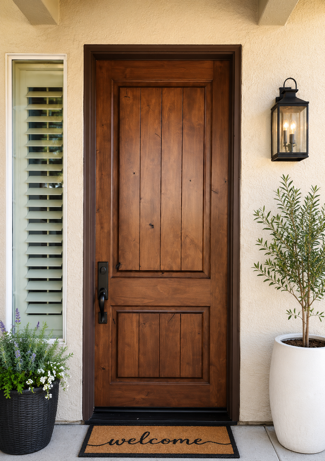 Wooden front door with a welcome mat, lantern, and potted plants by a stucco entryway