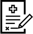 Medical document with a cross symbol, and a pen writing on it.