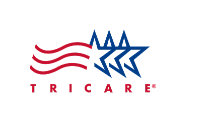Logo for Tricare, featuring red stripes, blue stars, and the word