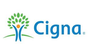Cigna logo: green tree with person-shaped form, blue text