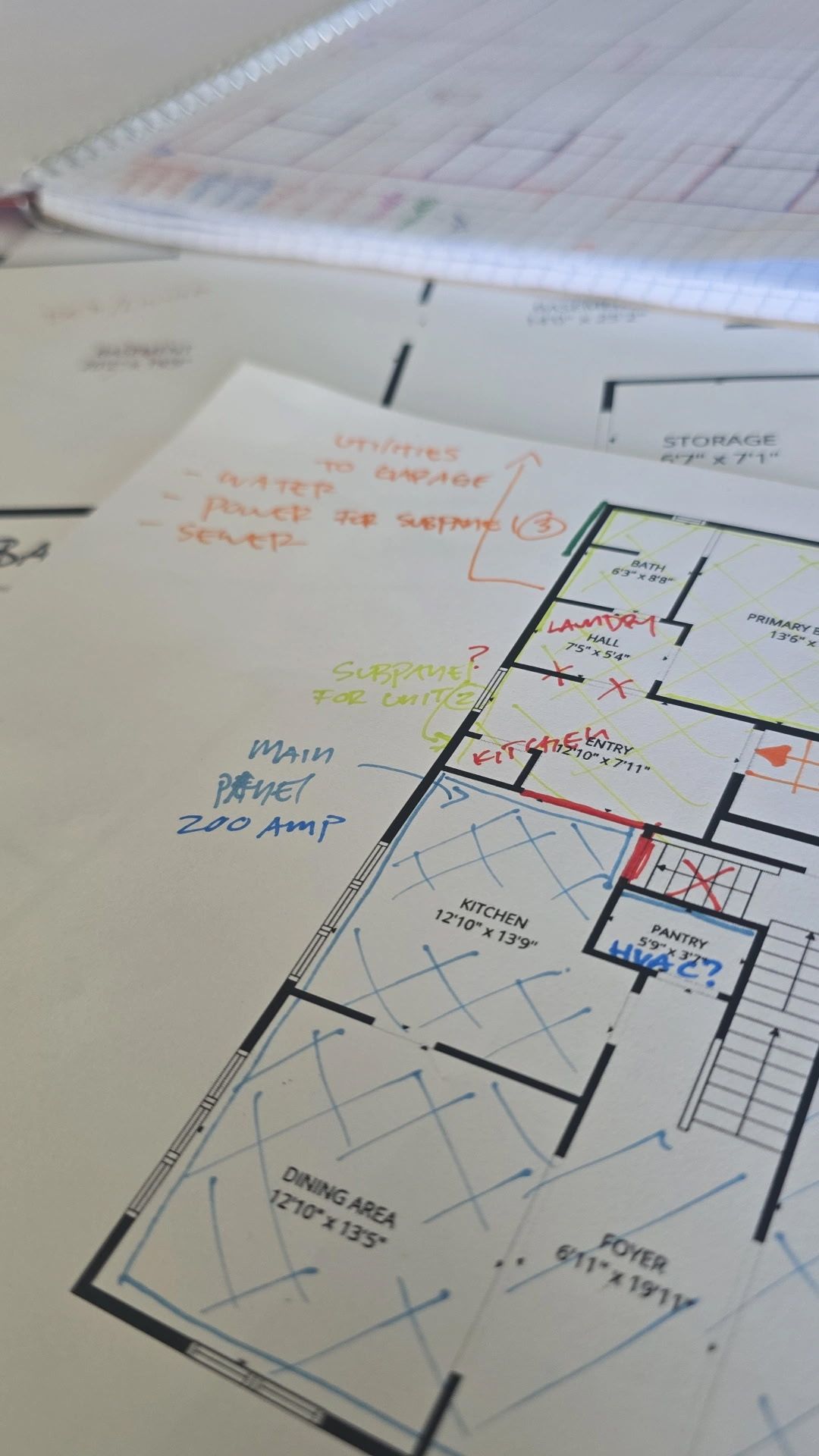 Hand-drawn building floor plan with colored handwritten notes on paper sheets