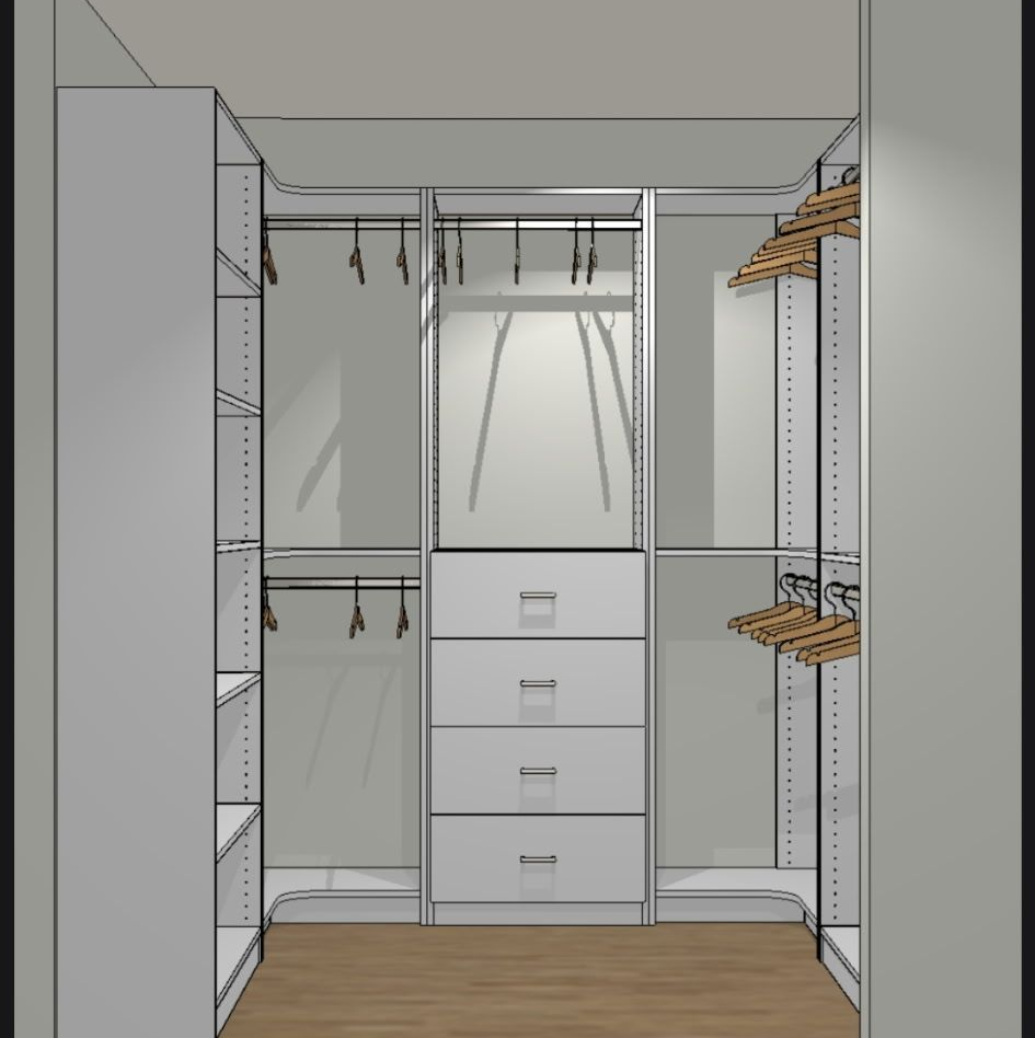3D rendering of walk-in closet with shelves, drawers, hanging rods, and wood floor.