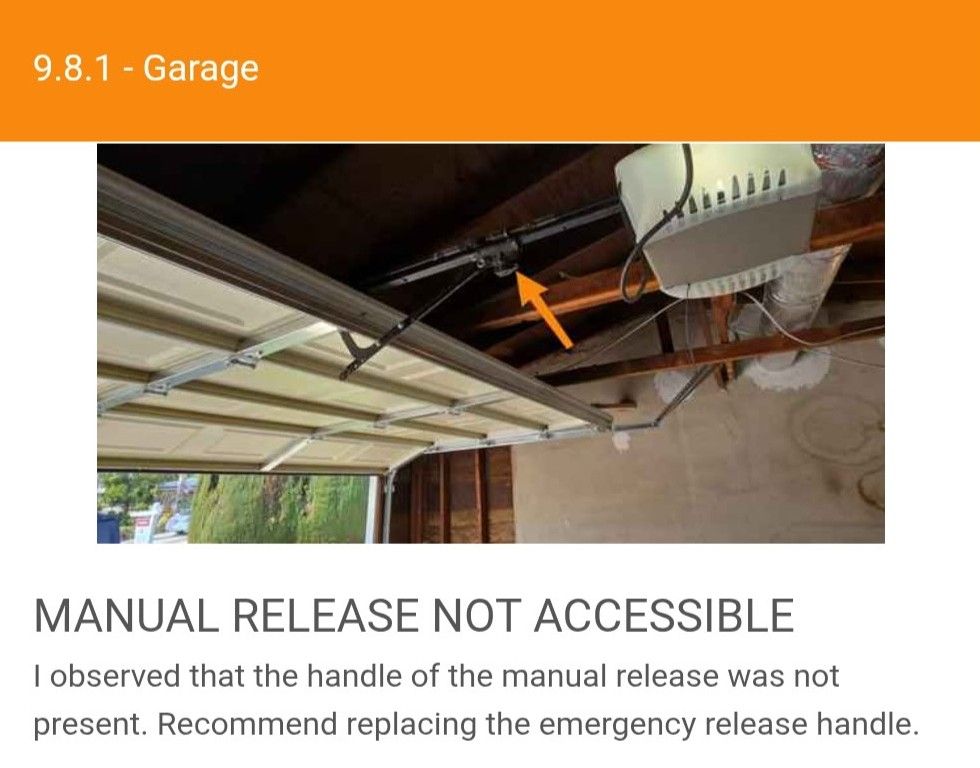 A garage door opener rail with an orange arrow pointing to the missing emergency release handle.