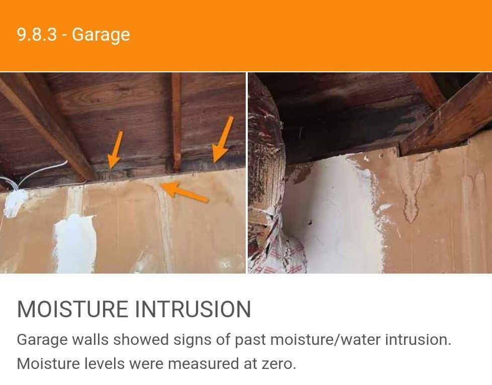 Two photos showing water stains on a garage wall and ceiling, with arrows highlighting areas of past moisture intrusion.