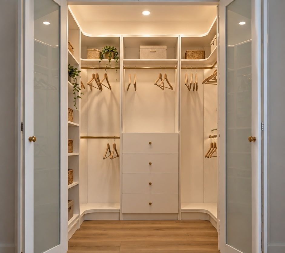 Bright walk-in closet with white built-in shelves, hanging rods, drawers, and open glass doors