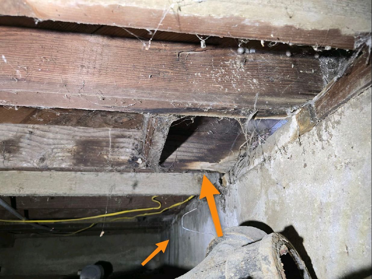 Under-floor area showing wood framing and foundation with orange arrows pointing to areas of potential moisture damage.
