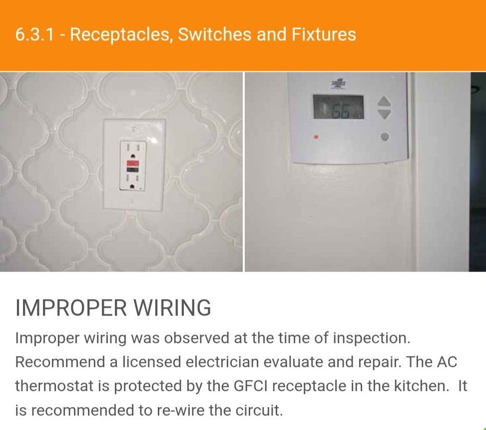 A report showing a GFCI outlet and a thermostat, noting improper wiring where a thermostat is on a kitchen GFCI circuit.