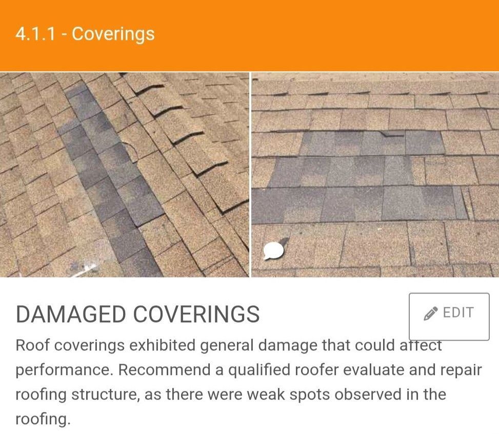 Two photos of a shingled roof showing areas with discolored and mismatched shingles, indicating damage and repairs.