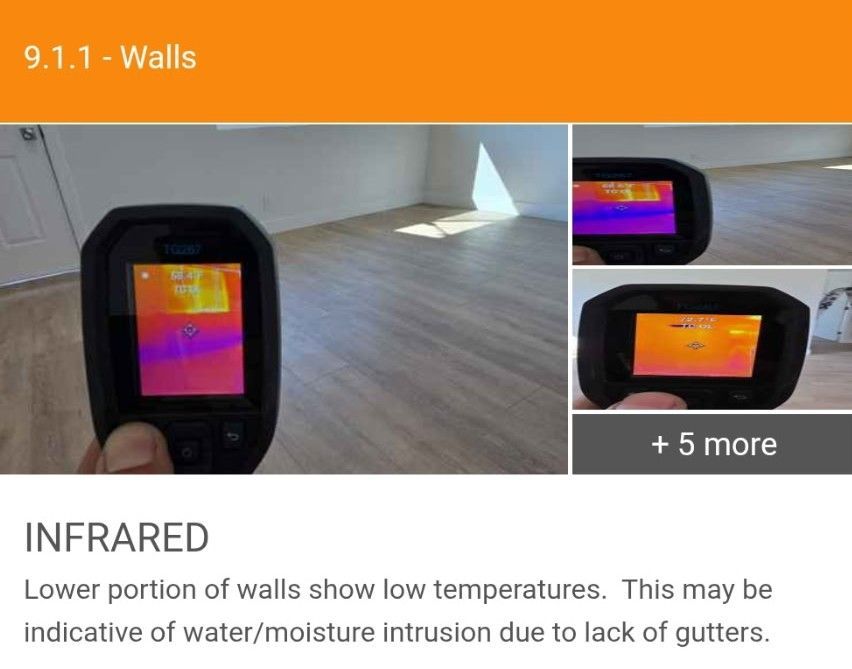 A thermal camera displays cold spots on a lower wall, indicating possible moisture intrusion.