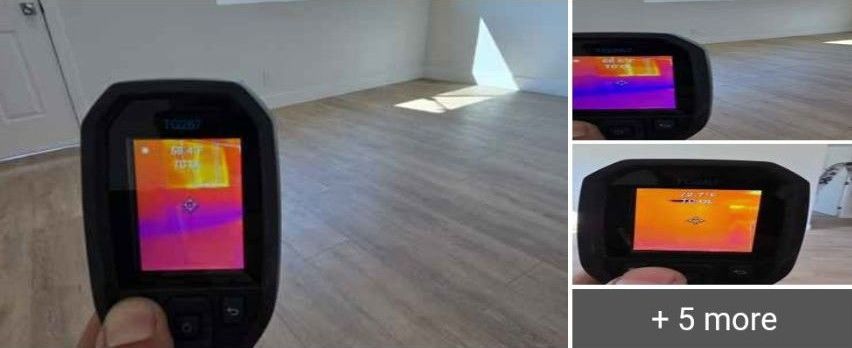 A person uses a handheld thermal imaging camera to inspect flooring in a room, displaying various heat patterns on screens.