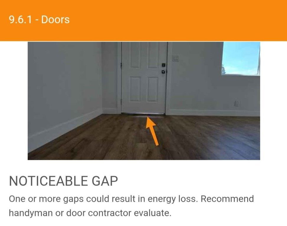 A door in an interior room with an orange arrow pointing to a noticeable gap between the bottom of the door and the floor.