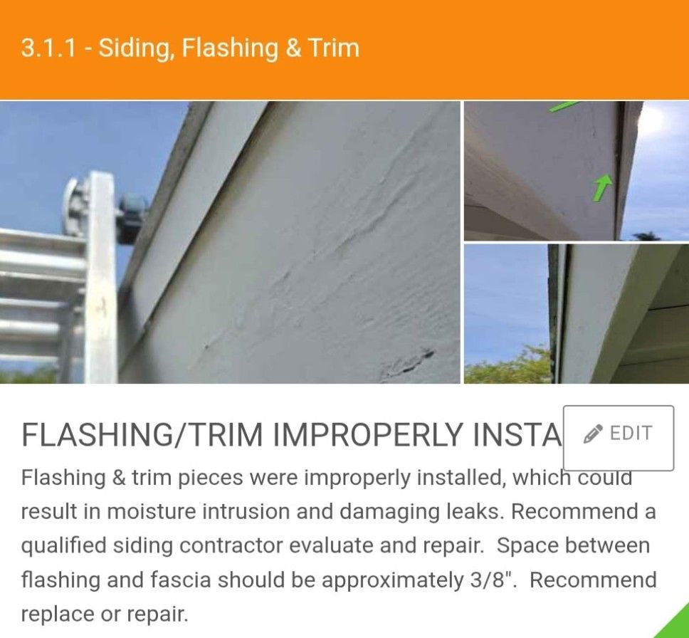 Inspection report showing improperly installed siding and flashing with gaps, recommending repair by a contractor.