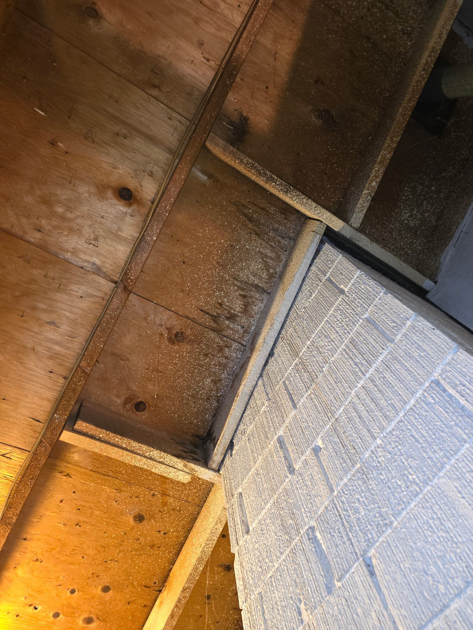 View from below of wooden ceiling beams and plywood panels, with a textured white ceiling panel visible in the corner.