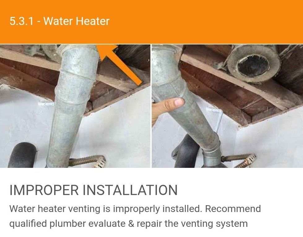Two photos showing a detached water heater vent pipe, with an arrow pointing to the gap in the ceiling connection.