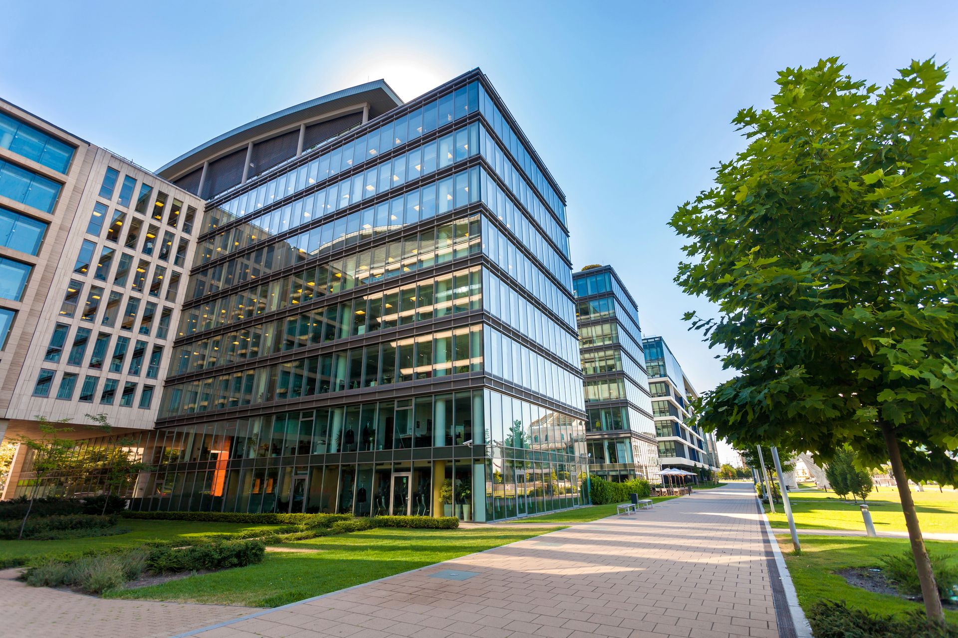 Modern glass office buildings rise above a paved walkway and green lawn under a bright blue sky.
