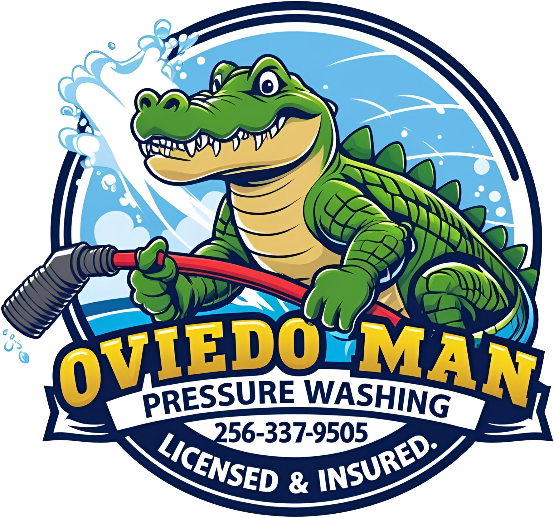 Logo for Oviedo Man Pressure Washing featuring a cartoon alligator using a pressure washer inside a blue circular badge.