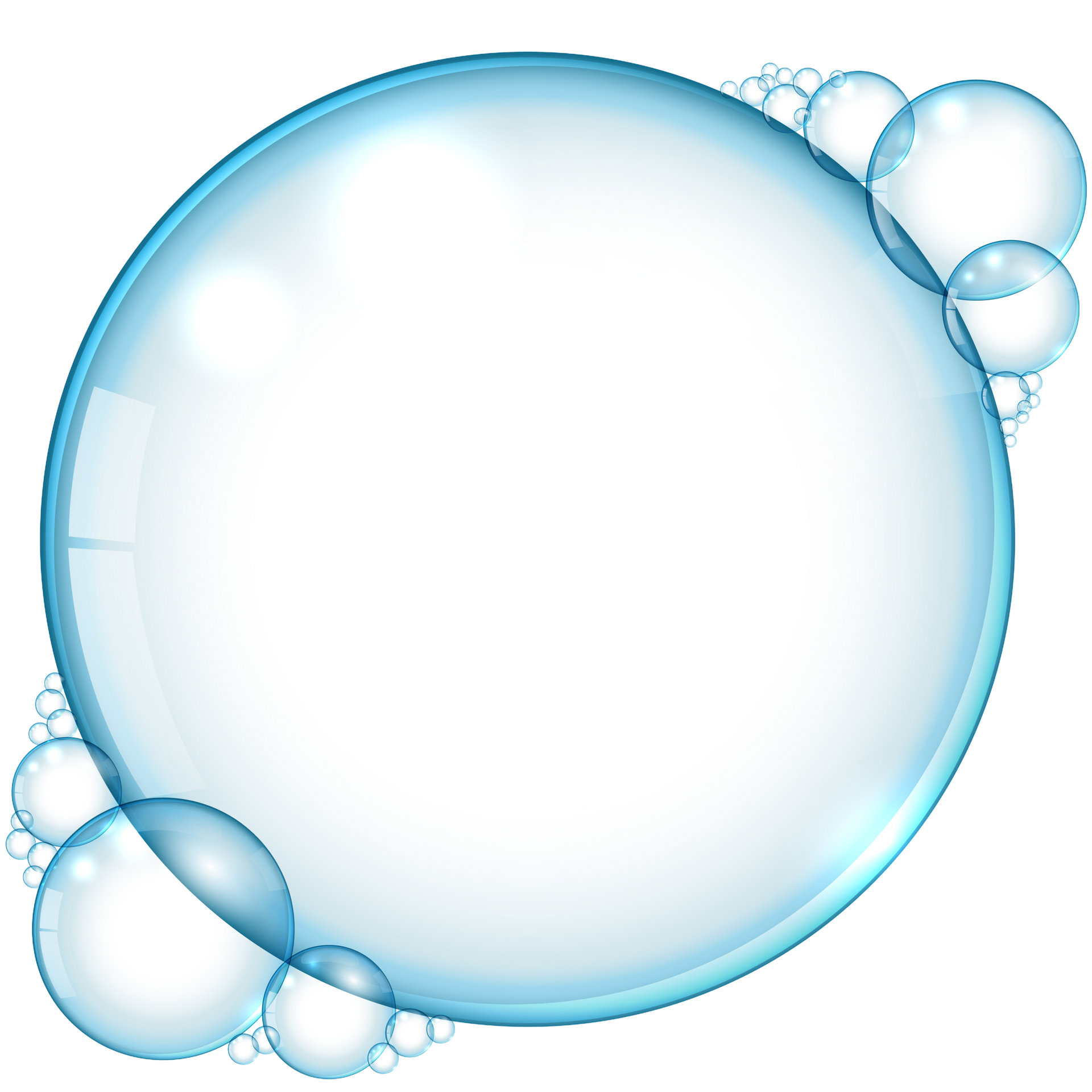 A large, light blue, glossy soap bubble surrounded by a cluster of smaller bubbles against a white background.