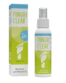 Fungi Clear nagelspray met manuka-olie, groen-witte doos en sprayflacon.
