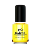 Gele Dadi'Oil-fles met zwarte dop op een witte achtergrond