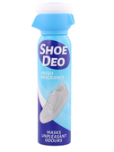 Shoe Deo Fresh geurspray in een blauwe en witte spuitbus, met een afbeelding van een sneaker en de tekst