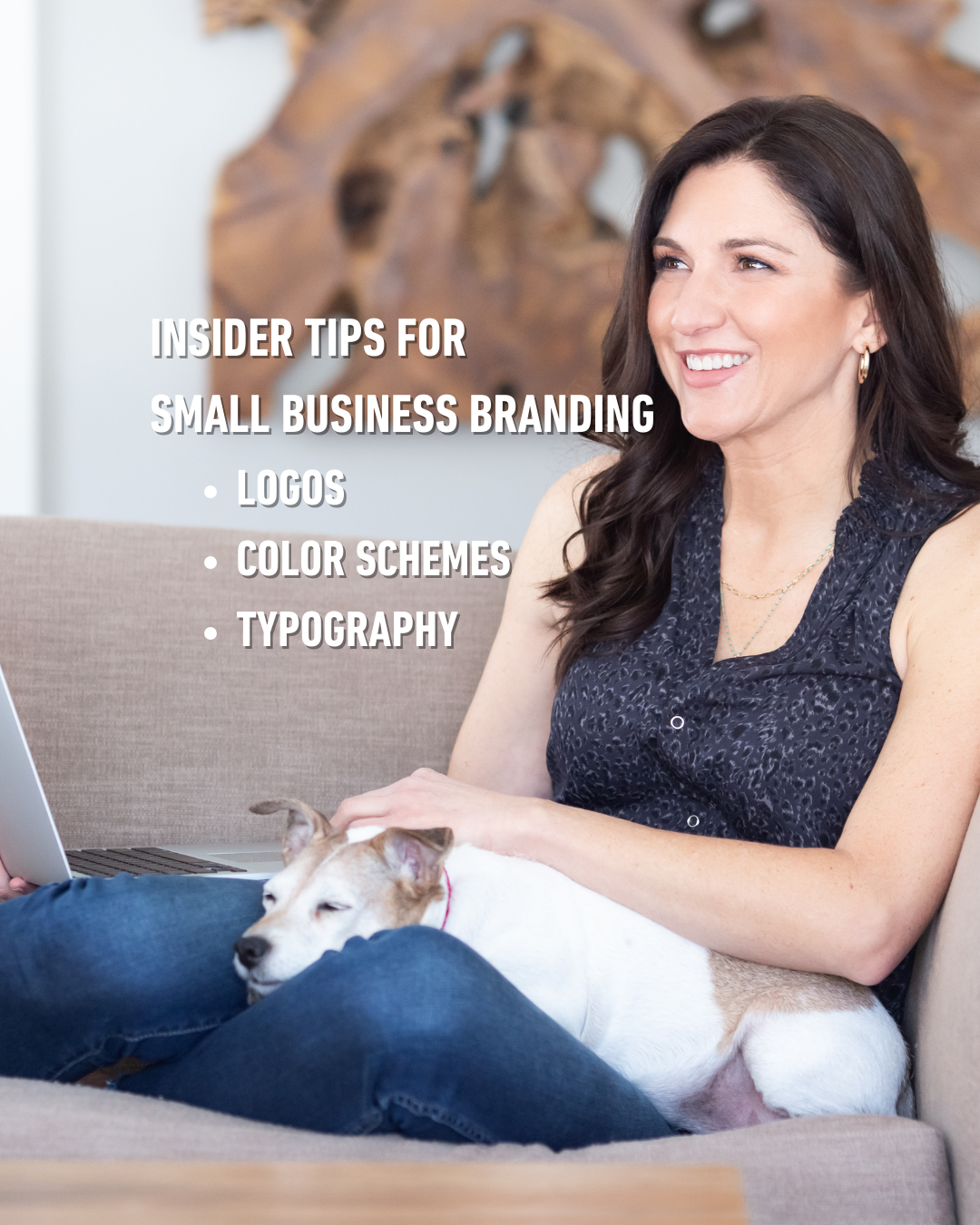 Woman sits with her dog in her lap and text overlays an image to the left of her face.