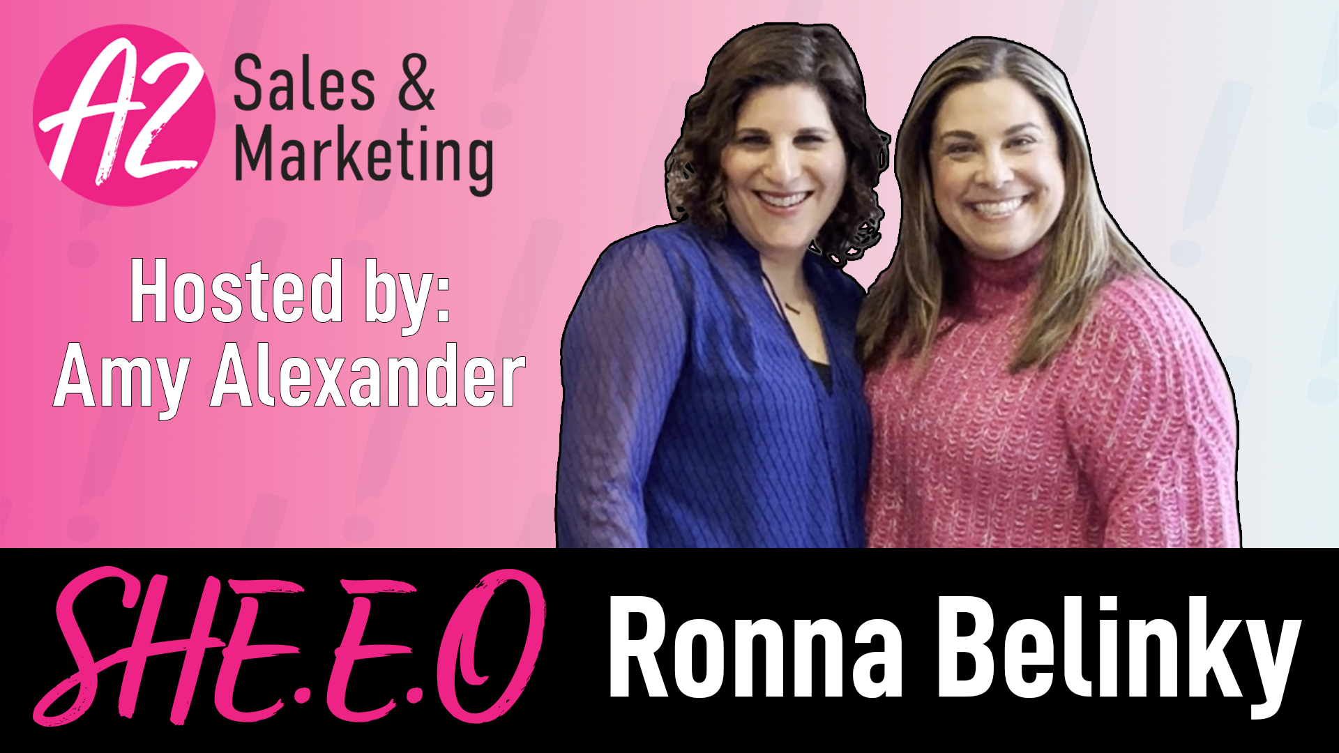 Two women are standing next to each other in front of a pink background.