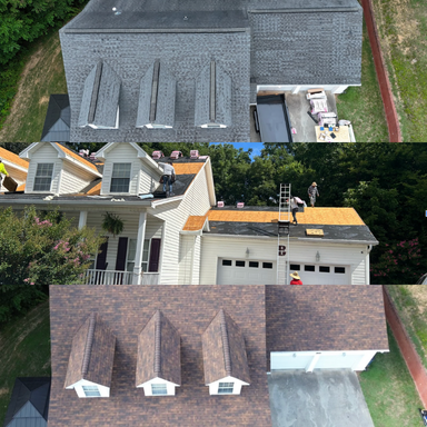 An aerial view of a house with a new roof