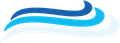 Logo astratto a onde blu e bianche con linee curve sovrapposte