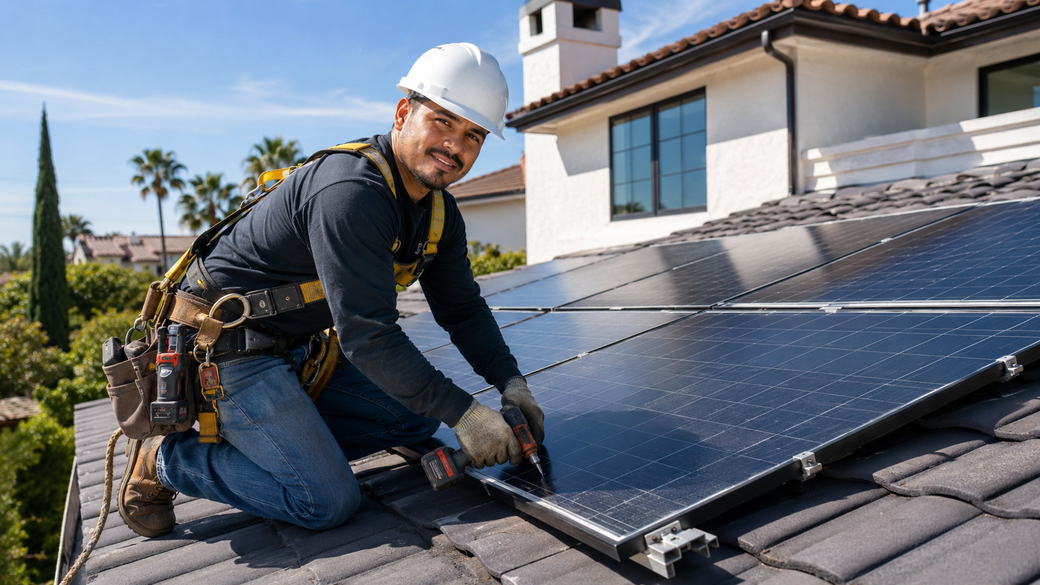 Worker installing solar panels on a rooftop with tools and safety gear