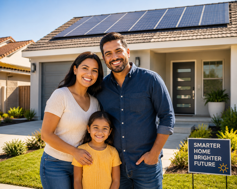 Smiling family standing outside a house with solar panels and a sign reading “Smarter Home Brighter Future.”
