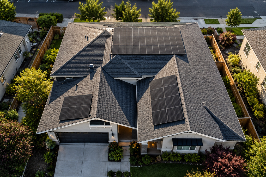 Aerial view of a suburban house with rooftop solar panels and a driveway.
