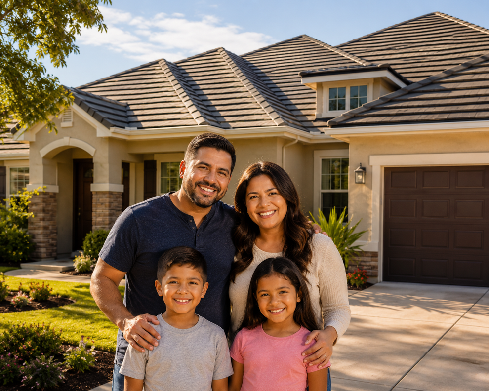 Family smiling in front of a suburban house with a two-car garage and landscaped front yard